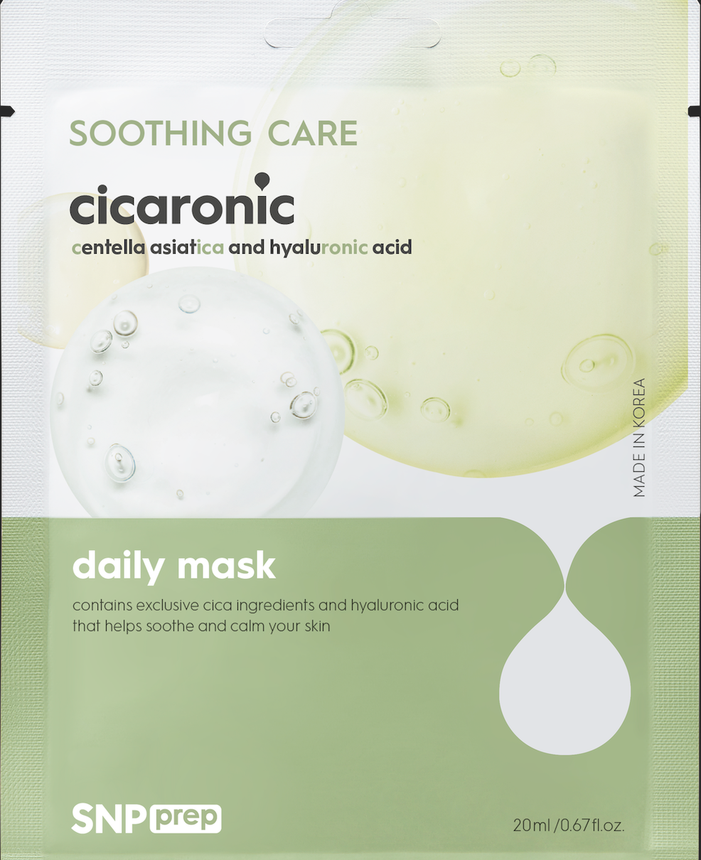 SNP Prep Cicaronic Daily Mask – Korean sheet mask with centella asiatica & hyaluronic acid for soothing sensitive skin.