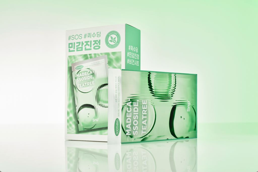 SNP Skin Re:Turn Calming Essence Mask – Korean soothing sheet mask with centella & tea tree extract for reducing redness.