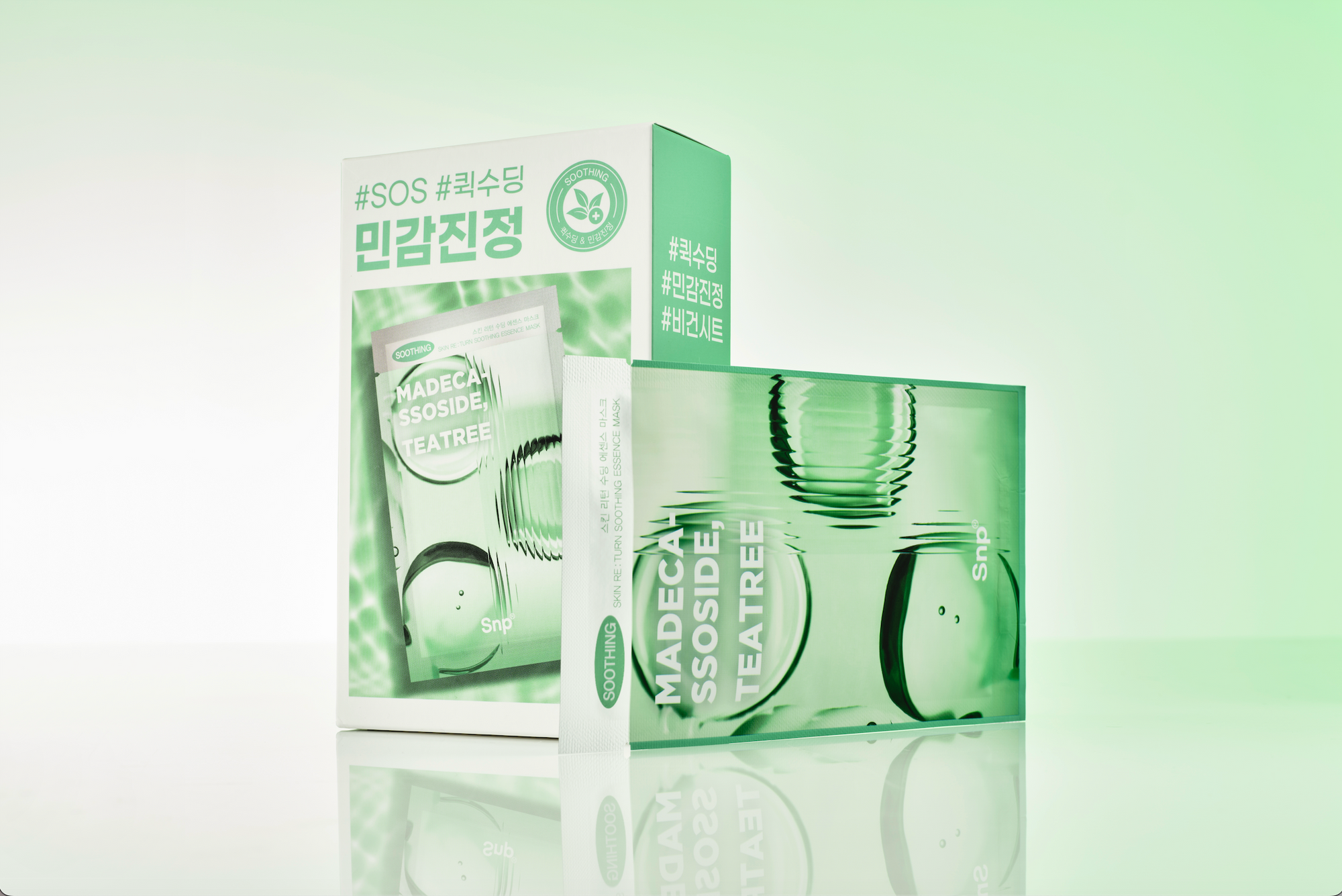 SNP Skin Re:Turn Calming Essence Mask – Korean soothing sheet mask with centella & tea tree extract for reducing redness.